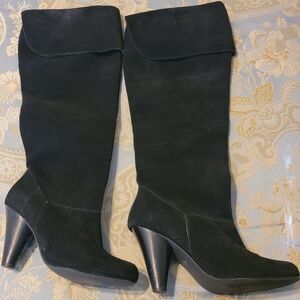Black suede roll down tall boots